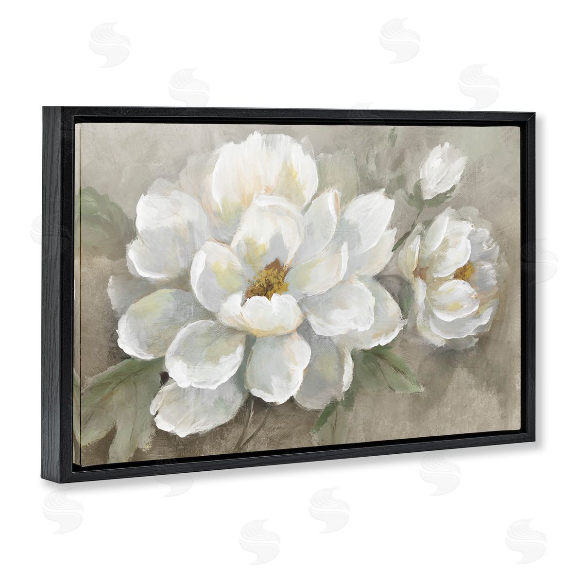 Blooming Magnolias on Beige Black Floating Frame Canvas Wall Art, Home Decor by Nan