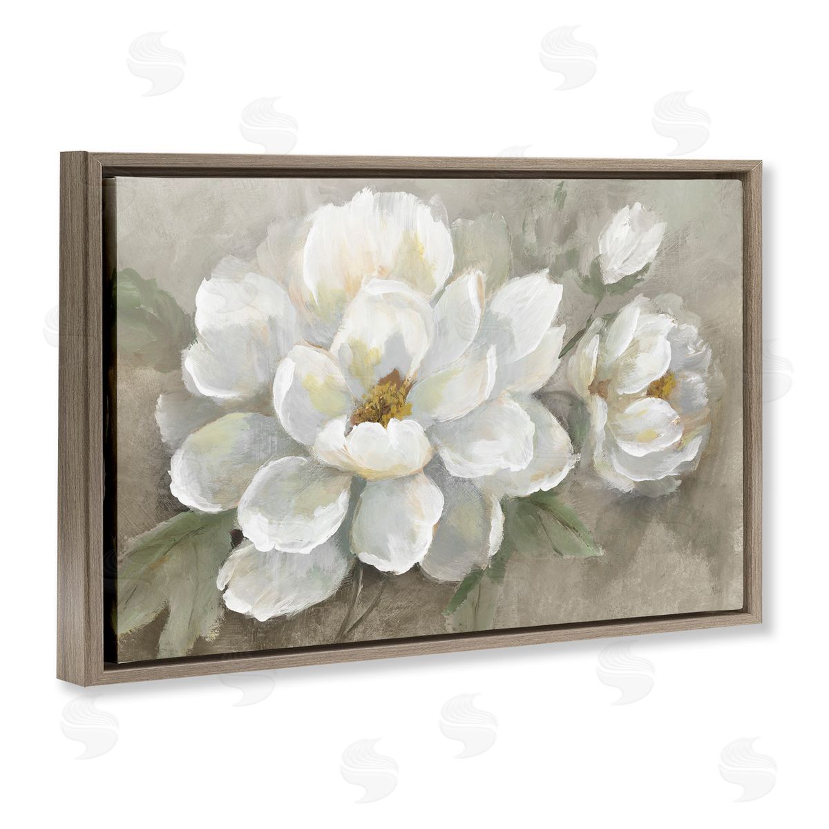 Blooming Magnolias on Beige Brown Floating Frame Canvas Wall Art, Home Decor by Nan