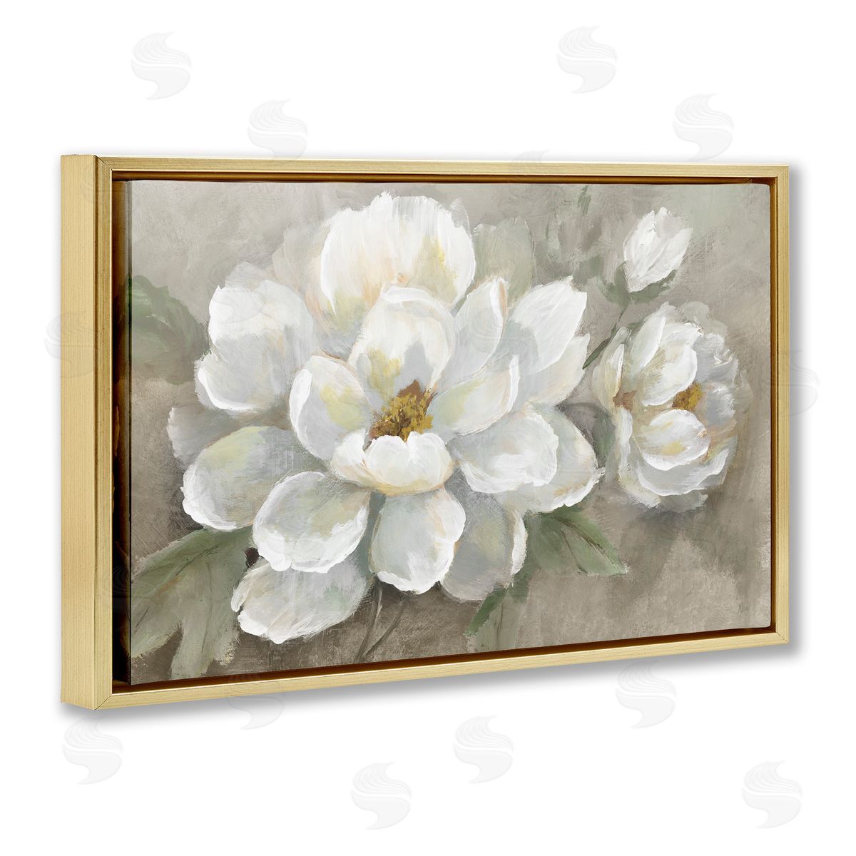 Blooming Magnolias on Beige Gold Floating Frame Canvas Wall Art, Home Decor by Nan