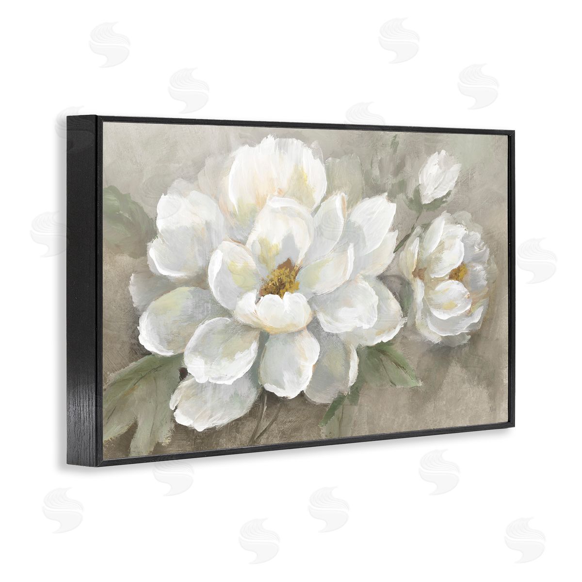 Blooming Magnolias on Beige Black Frame Print Wall Art, Home Decor by Nan