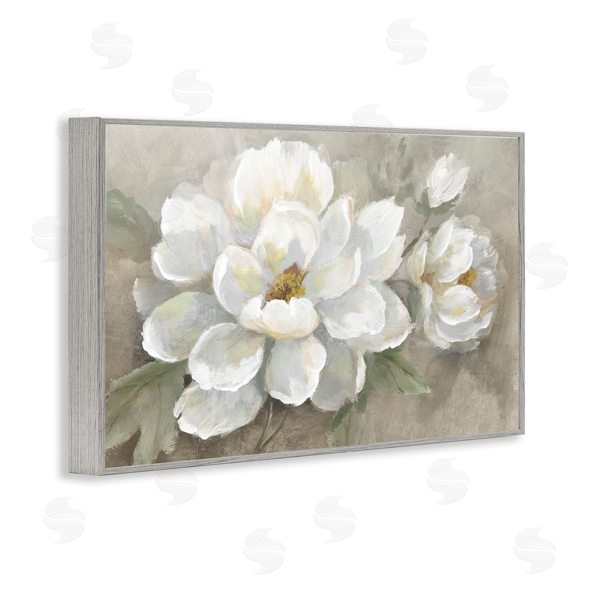 Blooming Magnolias on Beige Grey Frame Print Wall Art, Home Decor by Nan