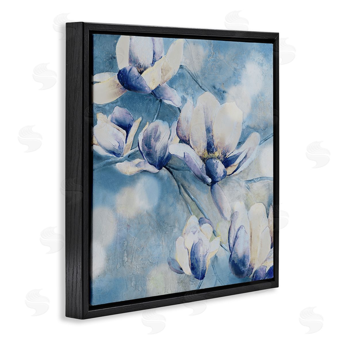 Blue Flowers & Bokeh Black Floating Frame Canvas Wall Art, Home Decor by Carol Robinson