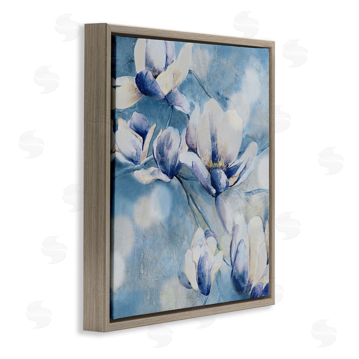 Blue Flowers & Bokeh Brown Floating Frame Canvas Wall Art, Home Decor by Carol Robinson