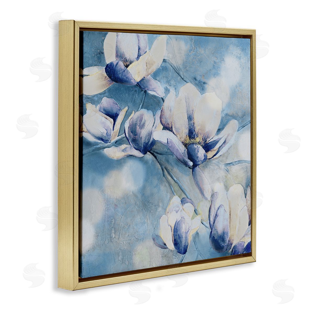 Blue Flowers & Bokeh Gold Floating Frame Canvas Wall Art, Home Decor by Carol Robinson