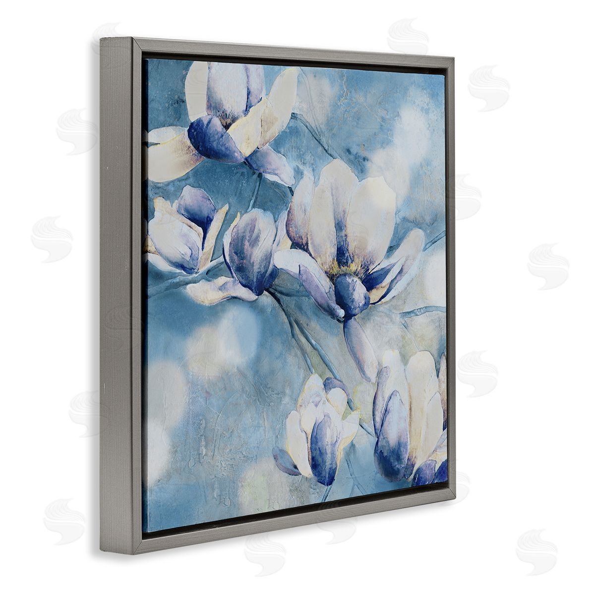 Blue Flowers & Bokeh Grey Floating Frame Canvas Wall Art, Home Decor by Carol Robinson