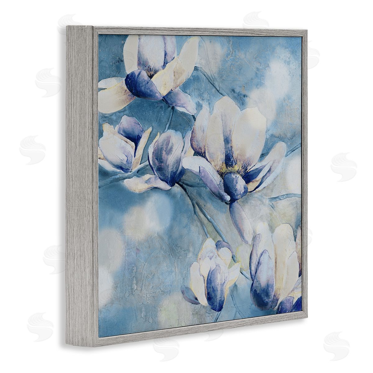 Blue Flowers & Bokeh Grey Frame Print Wall Art, Home Decor by Carol Robinson