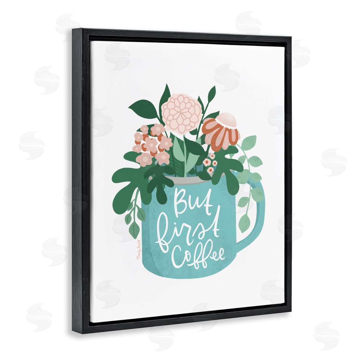 Floral But First Coffee Black Floating Frame Canvas Wall Art, Home Decor by Mandy Ford Art + Illustration