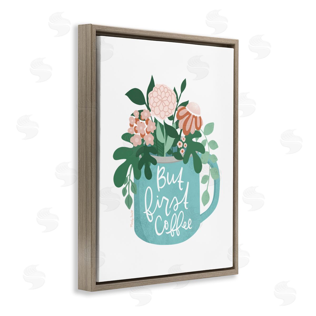 Floral But First Coffee Brown Floating Frame Canvas Wall Art, Home Decor by Mandy Ford Art + Illustration