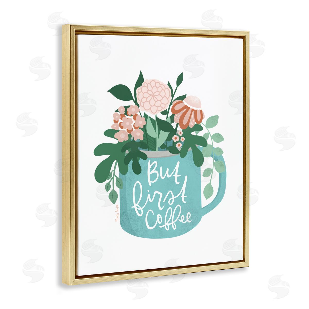 Floral But First Coffee Gold Floating Frame Canvas Wall Art, Home Decor by Mandy Ford Art + Illustration