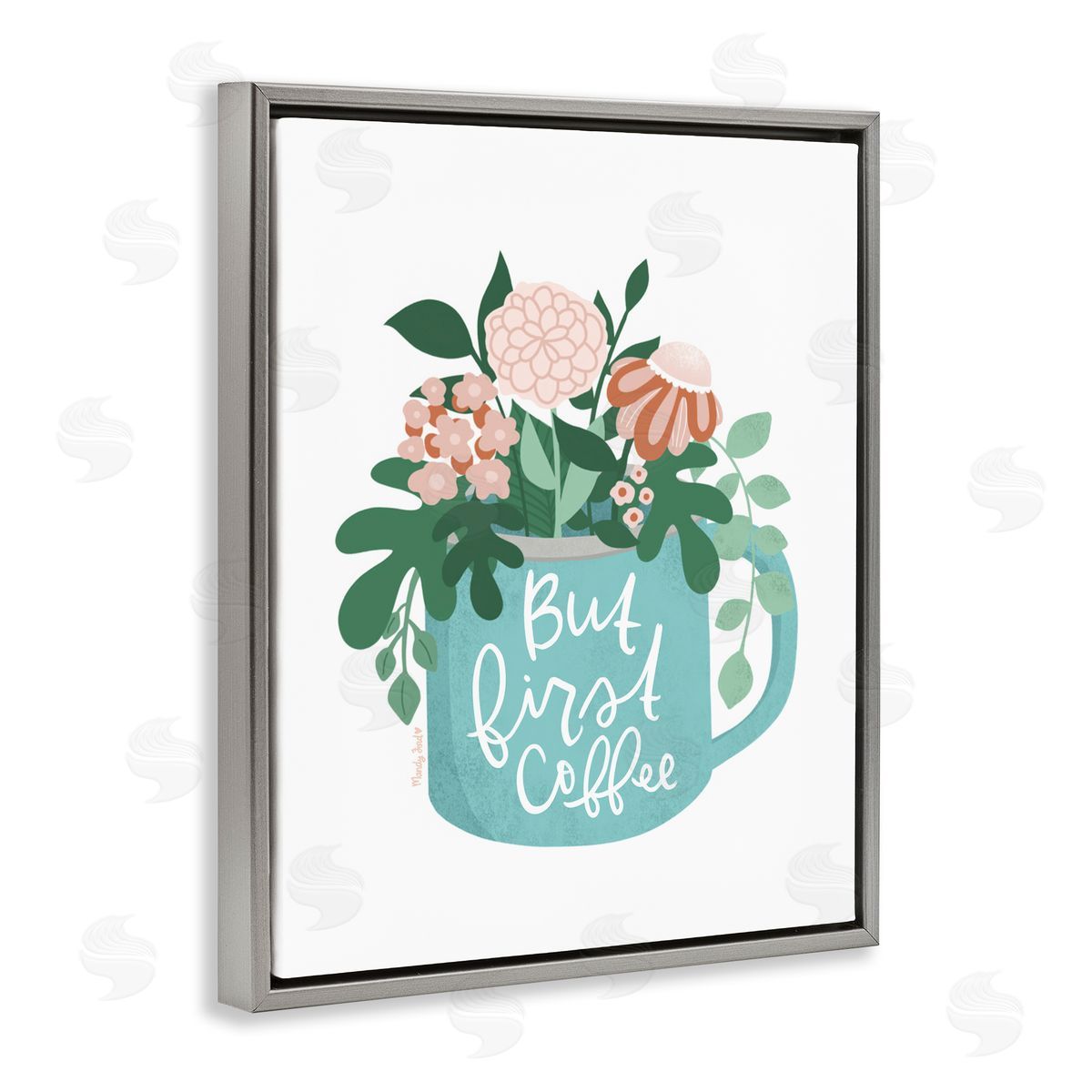 Floral But First Coffee Grey Floating Frame Canvas Wall Art, Home Decor by Mandy Ford Art + Illustration