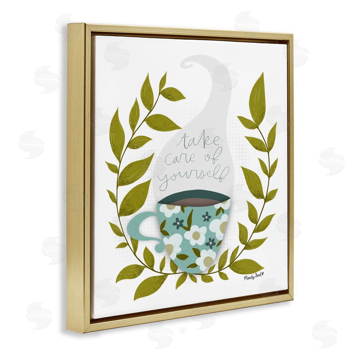 Take Care with Relaxing Coffee Gold Floating Frame Canvas Wall Art, Home Decor by Mandy Ford Art + Illustration