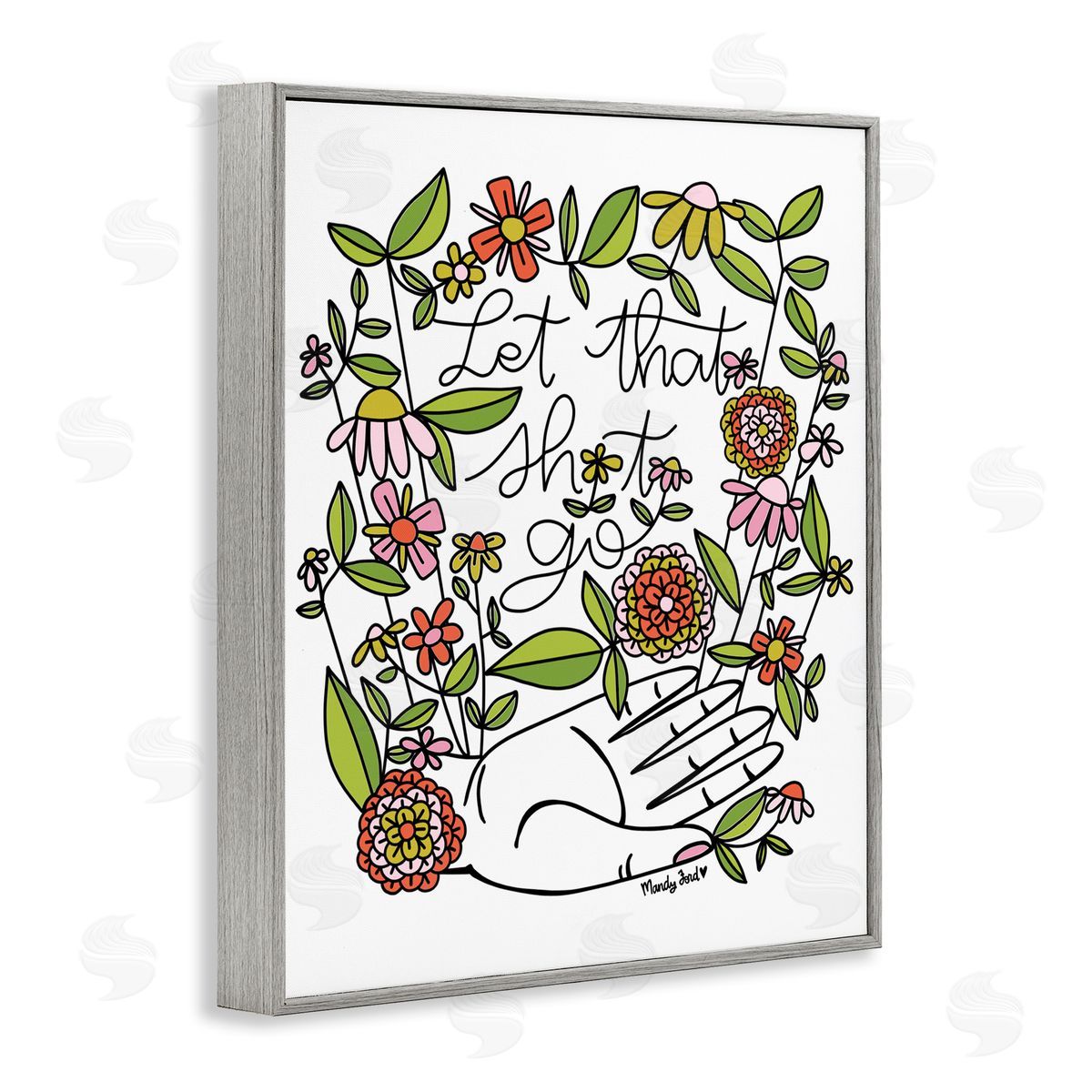 Let It Go Floral Phrase Grey Frame Print Wall Art, Home Decor by Mandy Ford Art + Illustration