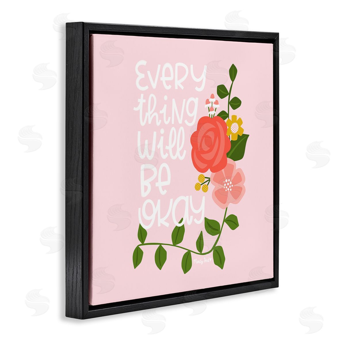 Everything Will Be Okay Floral Black Floating Frame Canvas Wall Art, Home Decor by Mandy Ford Art + Illustration