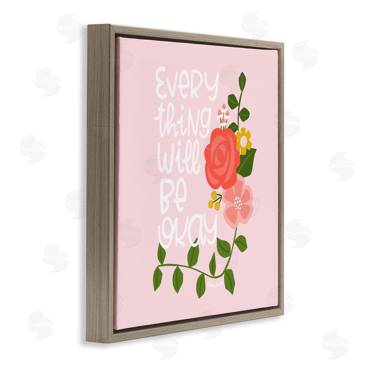Everything Will Be Okay Floral Brown Floating Frame Canvas Wall Art, Home Decor by Mandy Ford Art + Illustration