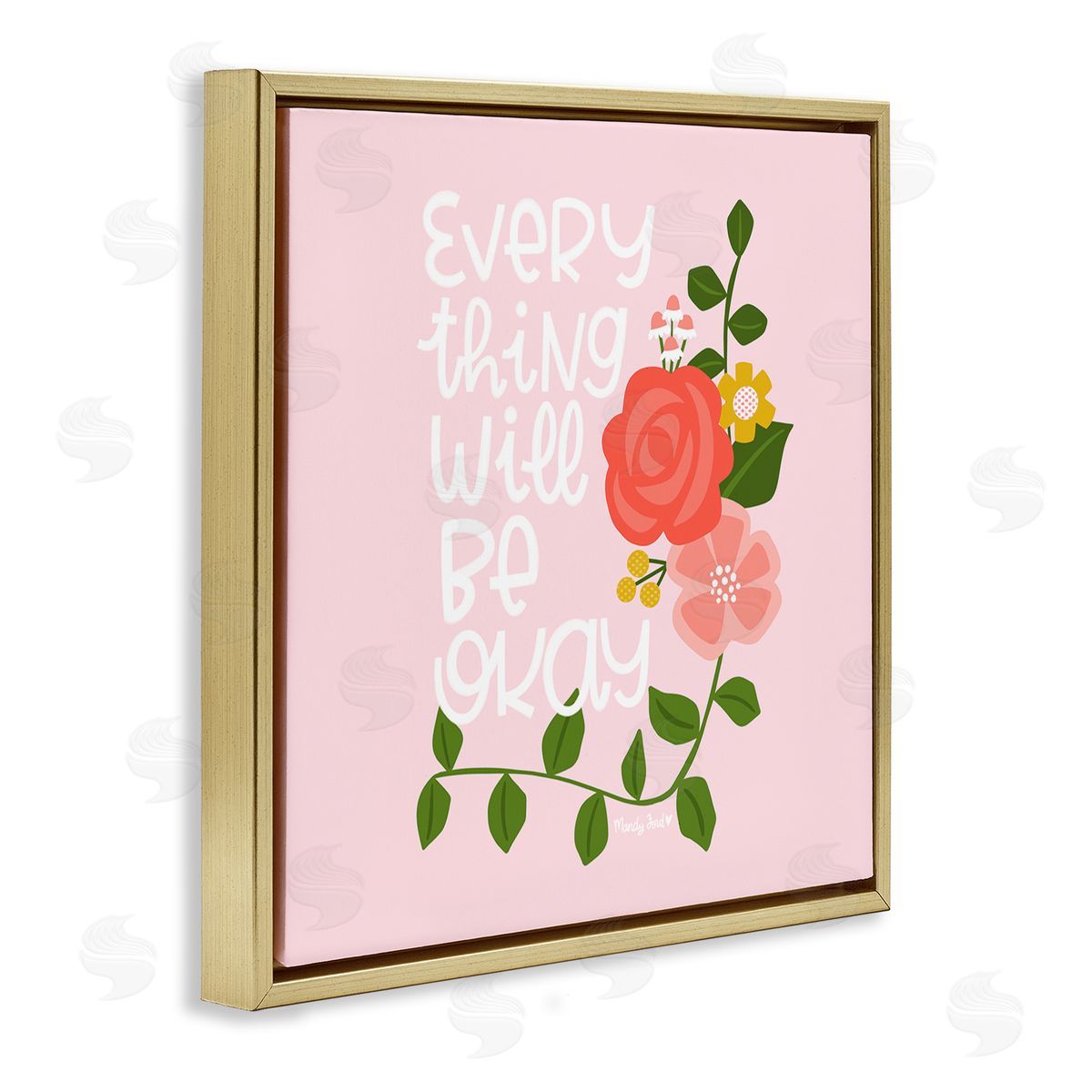 Everything Will Be Okay Floral Gold Floating Frame Canvas Wall Art, Home Decor by Mandy Ford Art + Illustration