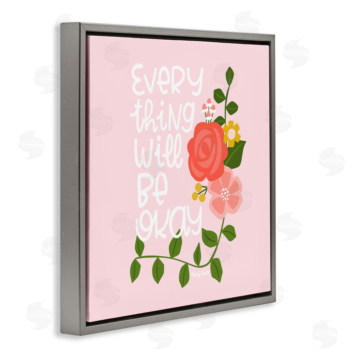 Everything Will Be Okay Floral Grey Floating Frame Canvas Wall Art, Home Decor by Mandy Ford Art + Illustration