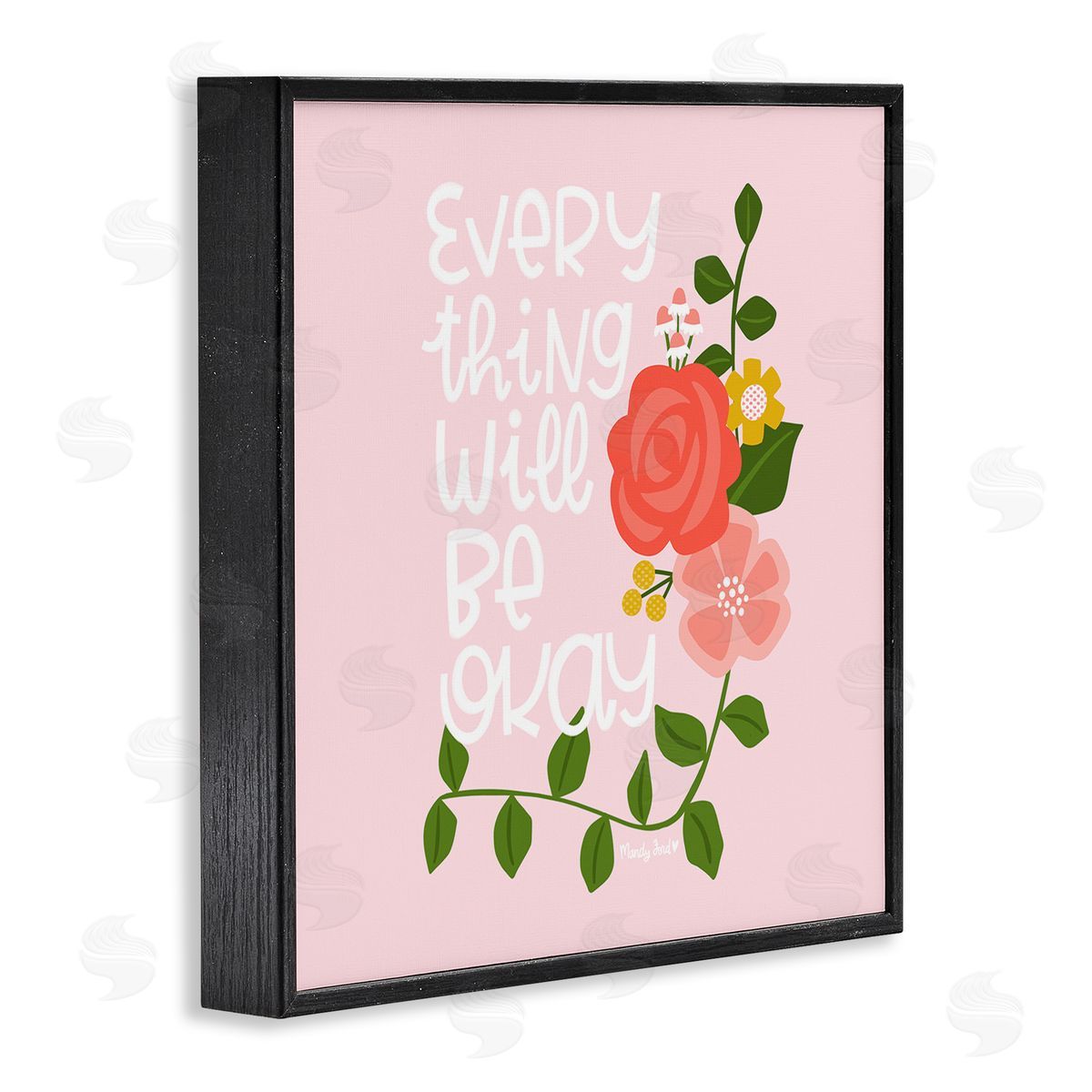 Everything Will Be Okay Floral Black Frame Print Wall Art, Home Decor by Mandy Ford Art + Illustration