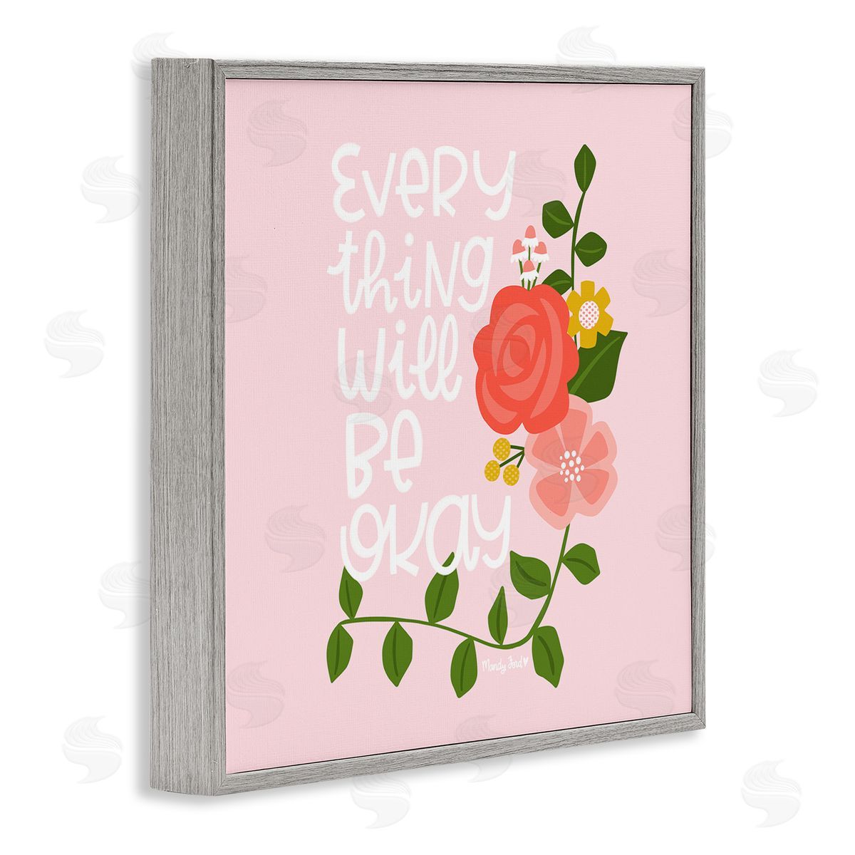 Everything Will Be Okay Floral Grey Frame Print Wall Art, Home Decor by Mandy Ford Art + Illustration