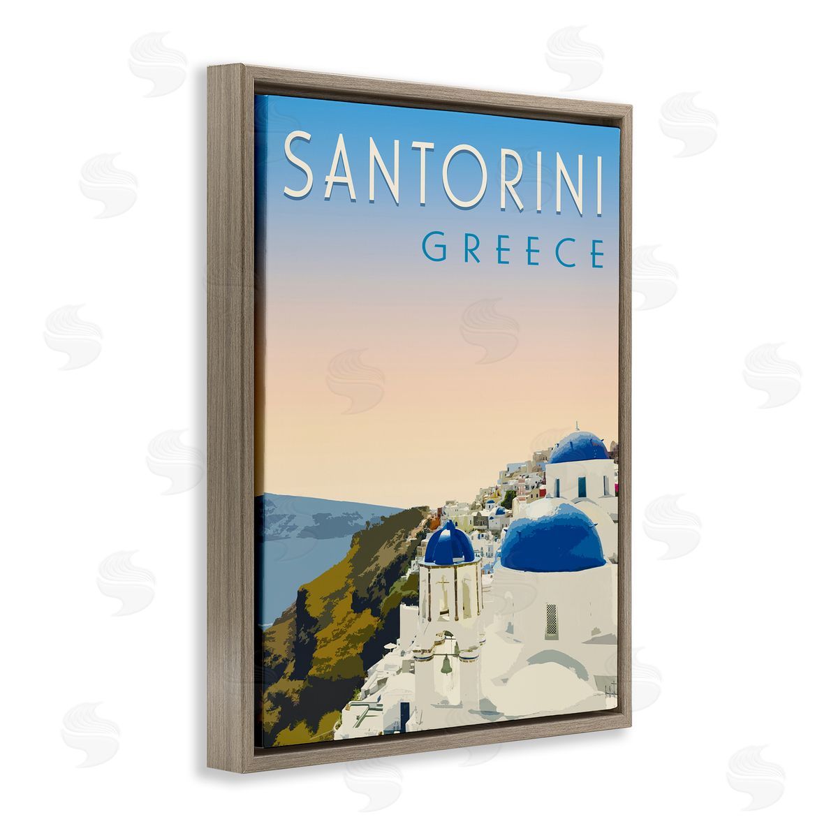 Vintage Santorini Cityscape Brown Floating Frame Canvas Wall Art, Home Decor by Victoria Barnes