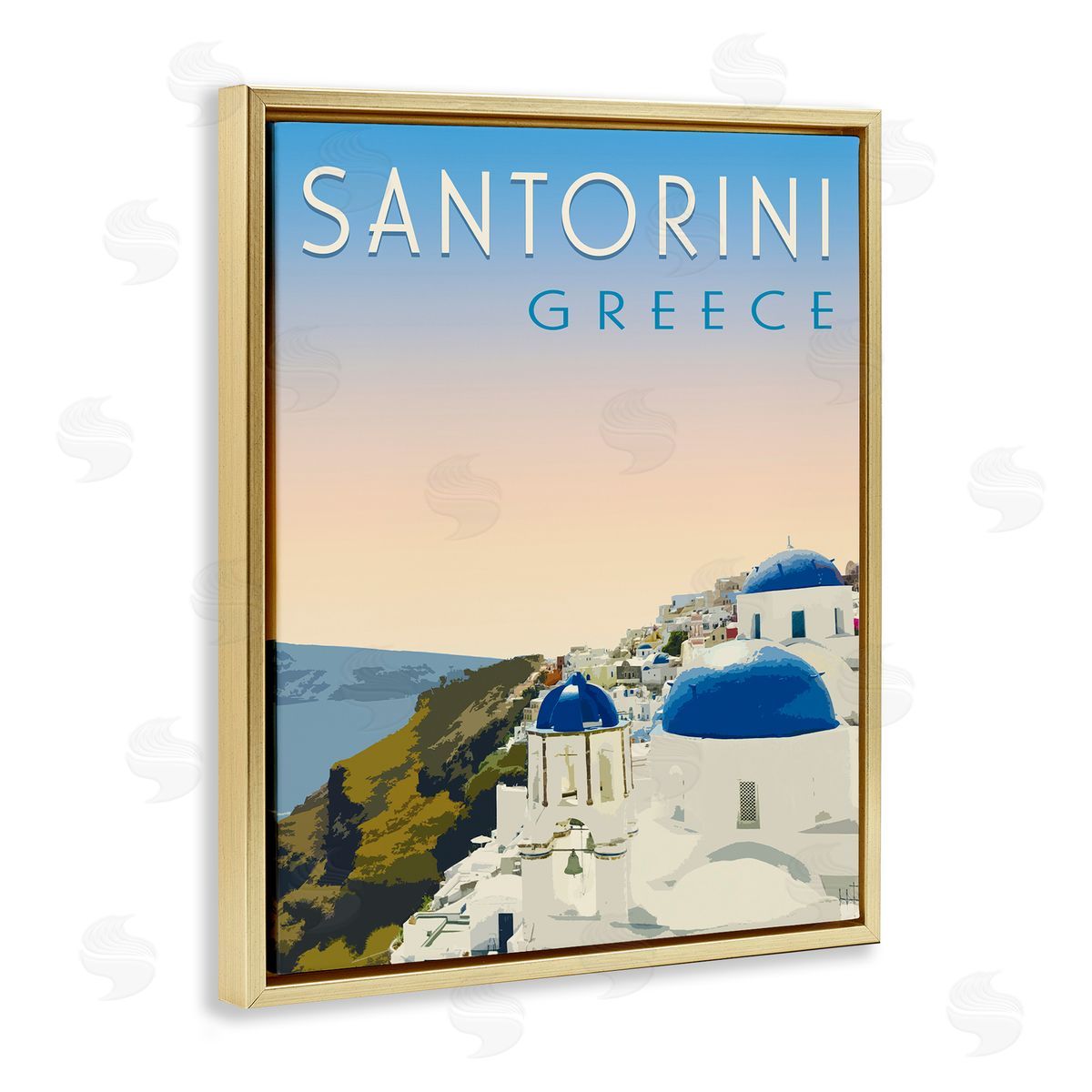 Vintage Santorini Cityscape Gold Floating Frame Canvas Wall Art, Home Decor by Victoria Barnes