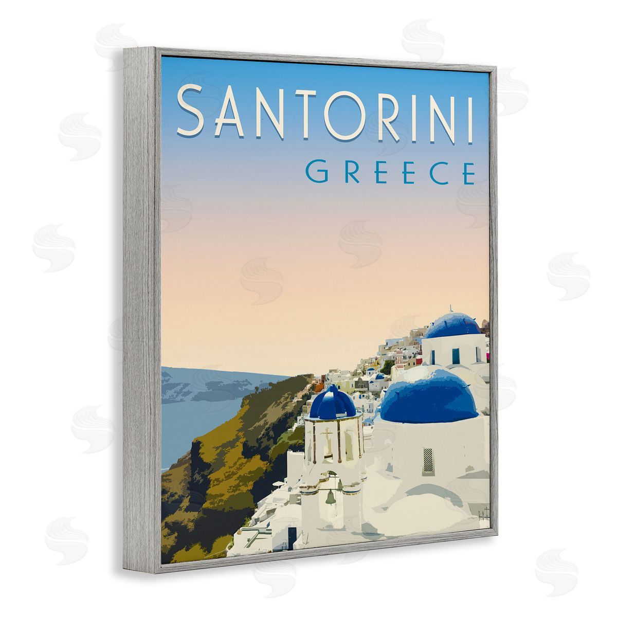 Vintage Santorini Cityscape Grey Frame Print Wall Art, Home Decor by Victoria Barnes