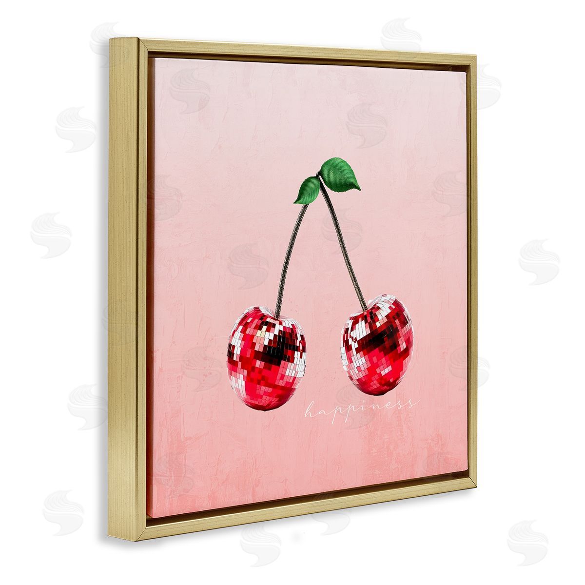 Happiness Disco Cherries Gold Floating Frame Canvas Wall Art, Home Decor by Kim Allen