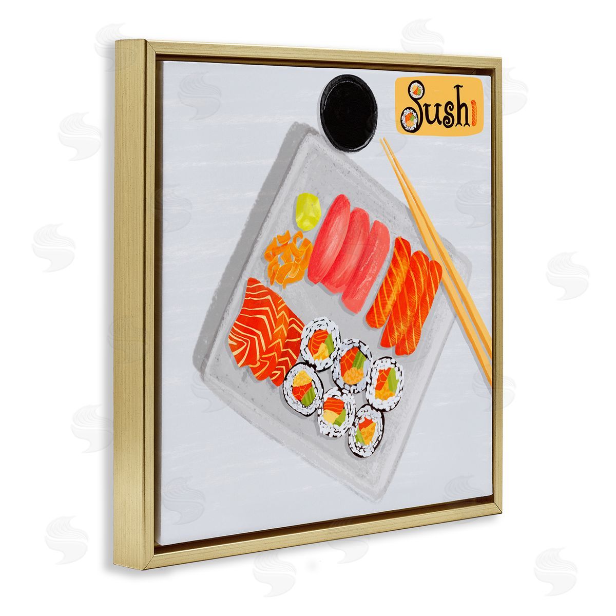 Delicious Sushi Plate Gold Floating Frame Canvas Wall Art, Home Decor by Juliet Rose Philips