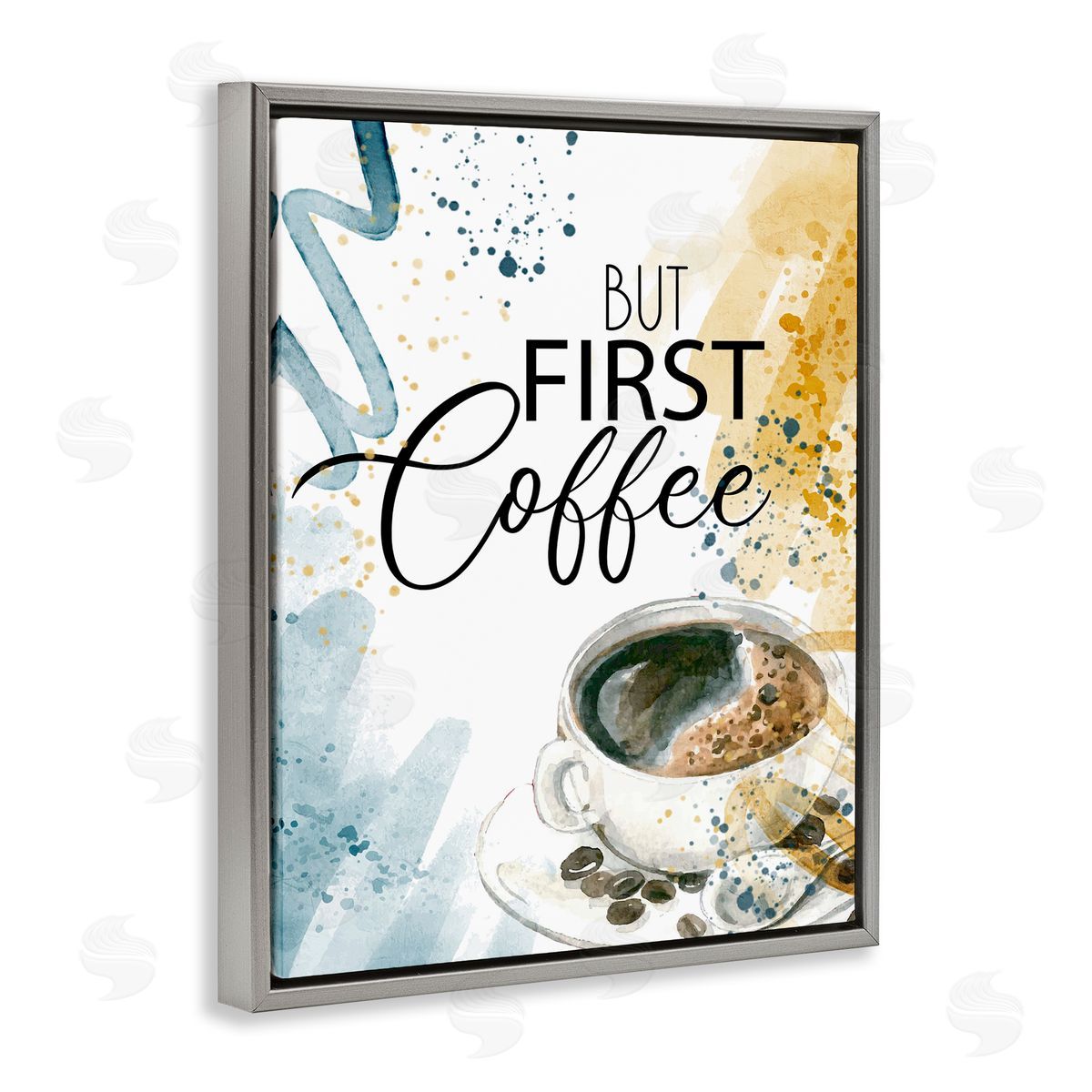 Modern But First Coffee Grey Floating Frame Canvas Wall Art, Home Decor by Kim Allen