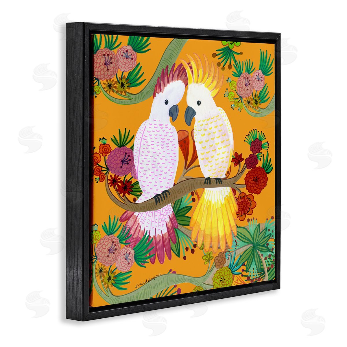 Bright Cockatoos & Foliage Black Floating Frame Canvas Wall Art, Home Decor by Kay Widdowson