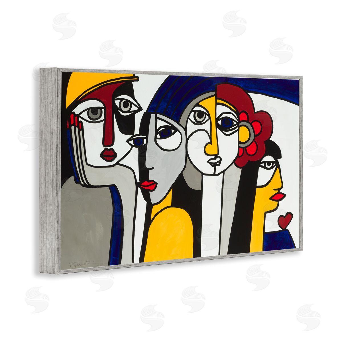 Primary Hues Faces Portrait Grey Frame Print Wall Art, Home Decor by Ruth Fromstein