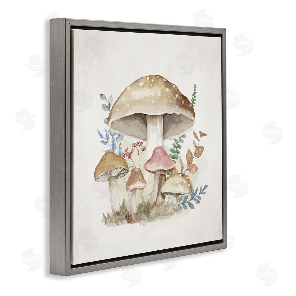Neutral Cottage Mushrooms Grey Floating Frame Canvas Wall Art, Home Decor by Mollie B.