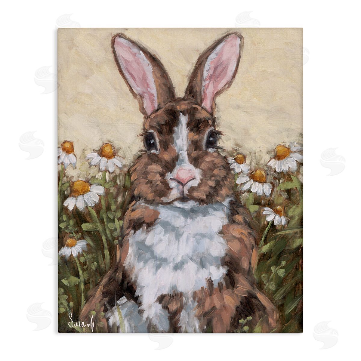 Rabbit Portrait with Daisies Canvas Wall Art, Home Decor by Sara G. Designs