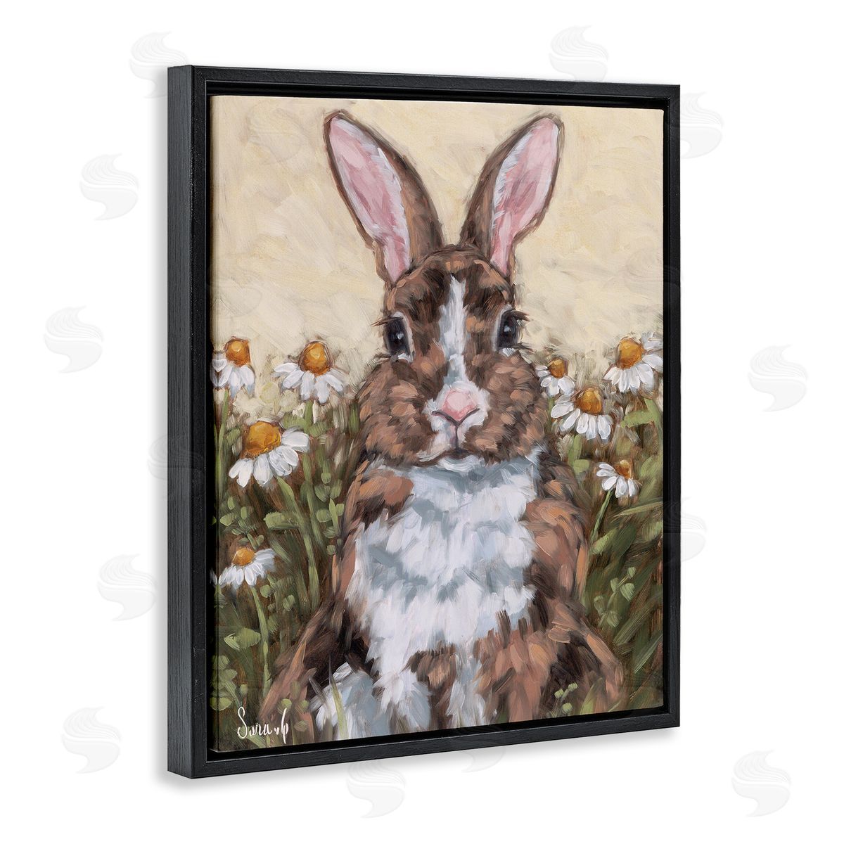 Rabbit Portrait with Daisies Black Floating Frame Canvas Wall Art, Home Decor by Sara G. Designs