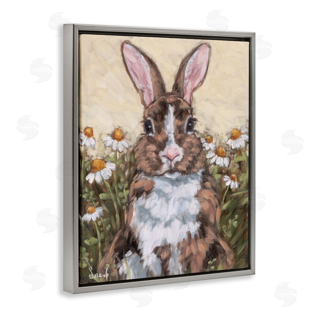 Rabbit Portrait with Daisies Grey Floating Frame Canvas Wall Art, Home Decor by Sara G. Designs
