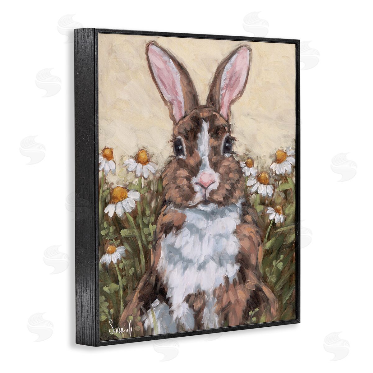 Rabbit Portrait with Daisies Black Frame Print Wall Art, Home Decor by Sara G. Designs