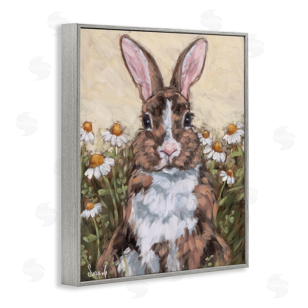 Rabbit Portrait with Daisies Grey Frame Print Wall Art, Home Decor by Sara G. Designs