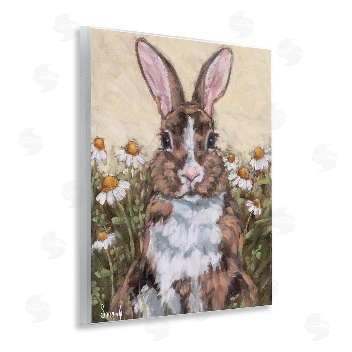 Rabbit Portrait with Daisies Wood Plaque Wall Art, Home Decor by Sara G. Designs