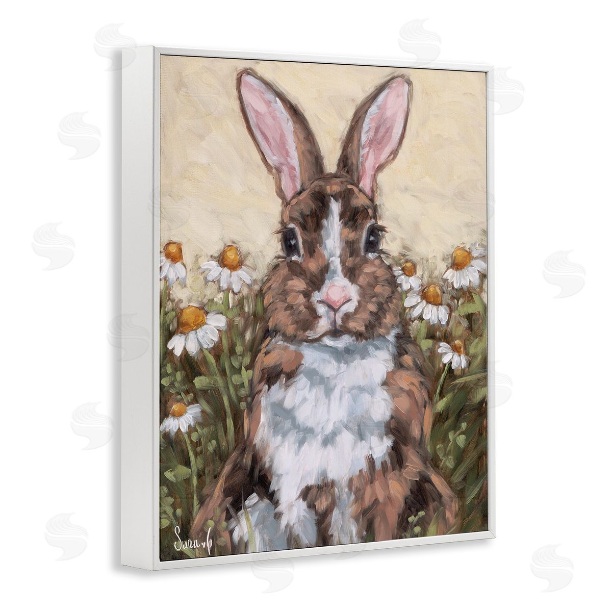 Rabbit Portrait with Daisies White Frame Print Wall Art, Home Decor by Sara G. Designs