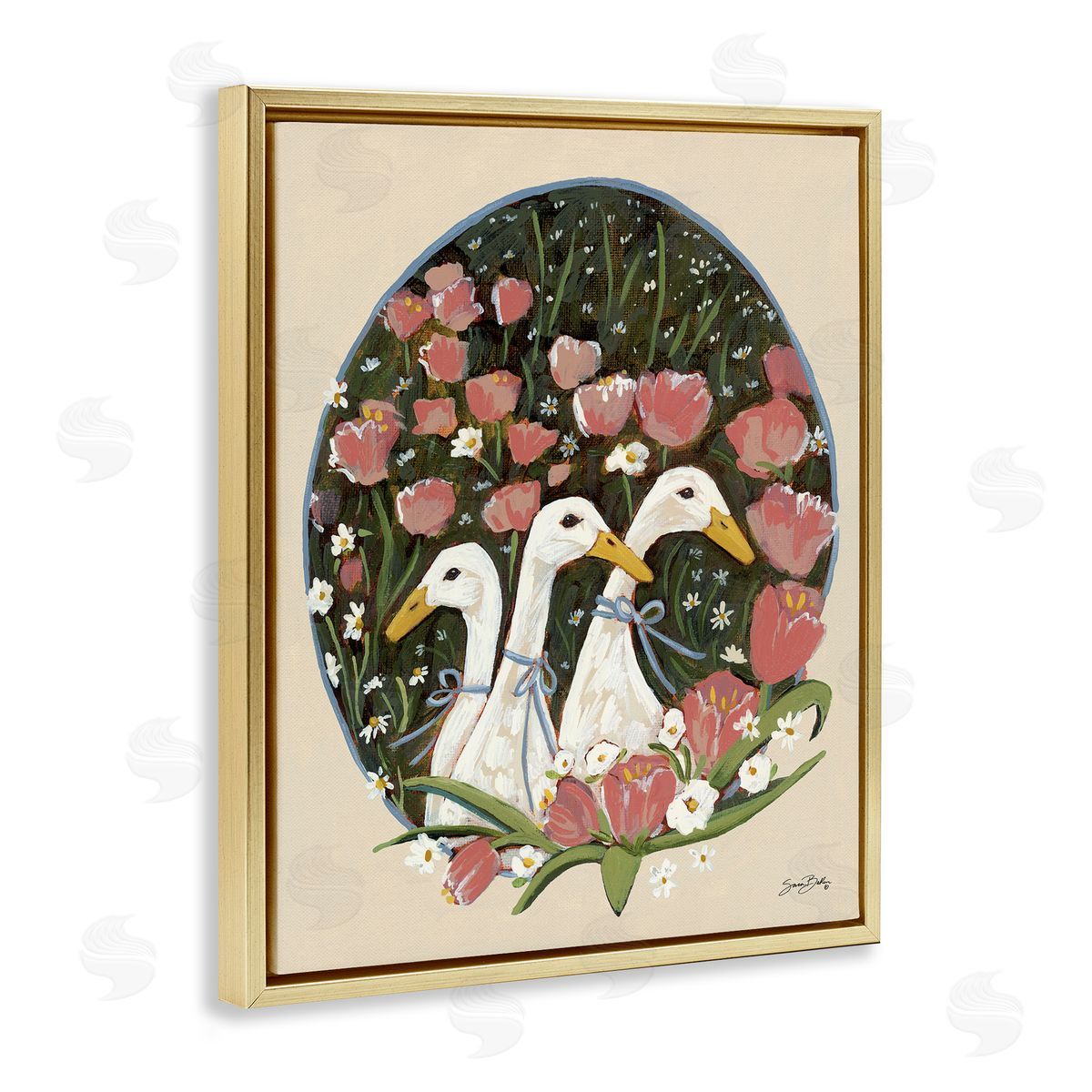 Ducks with Cottage Blooms Gold Floating Frame Canvas Wall Art, Home Decor by Sara Baker