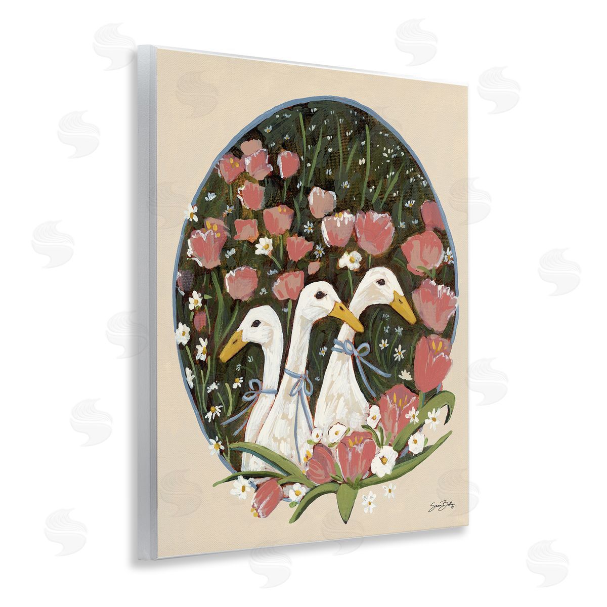 Ducks with Cottage Blooms Wood Plaque Wall Art, Home Decor by Sara Baker