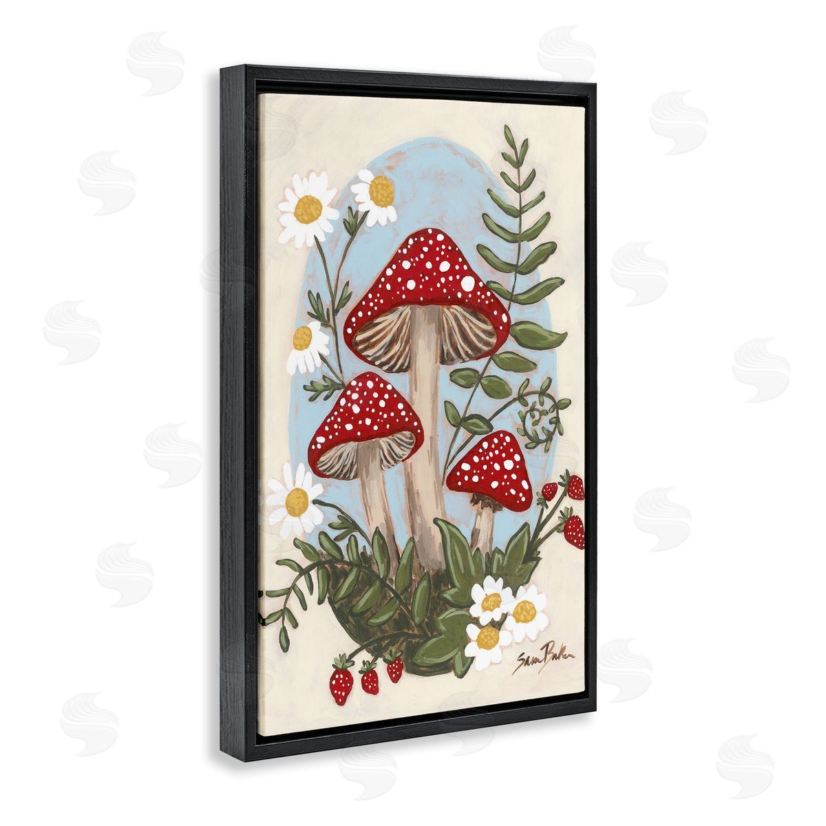 Cottage Mushrooms & Blooms Black Floating Frame Canvas Wall Art, Home Decor by Sara Baker