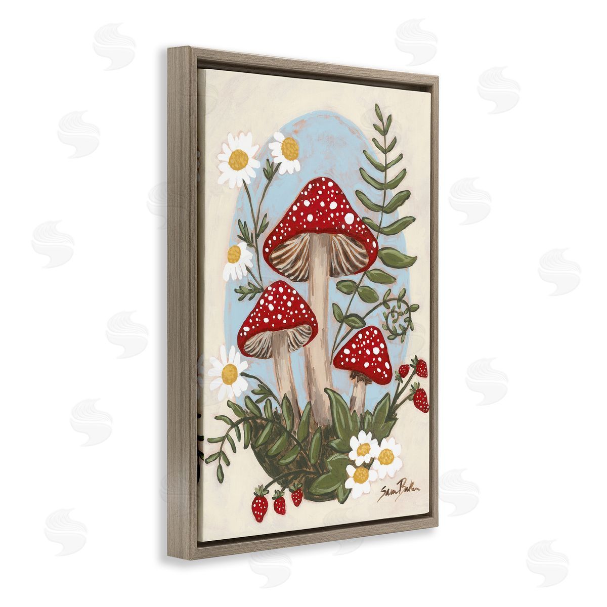 Cottage Mushrooms & Blooms Brown Floating Frame Canvas Wall Art, Home Decor by Sara Baker