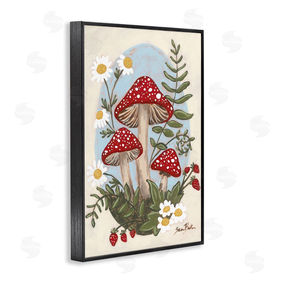 Cottage Mushrooms & Blooms Black Frame Print Wall Art, Home Decor by Sara Baker
