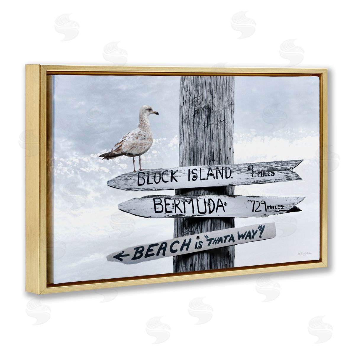 Vacation Beach Signs with Seagull Gold Floating Frame Canvas Wall Art, Home Decor by Robin-Lee Viera