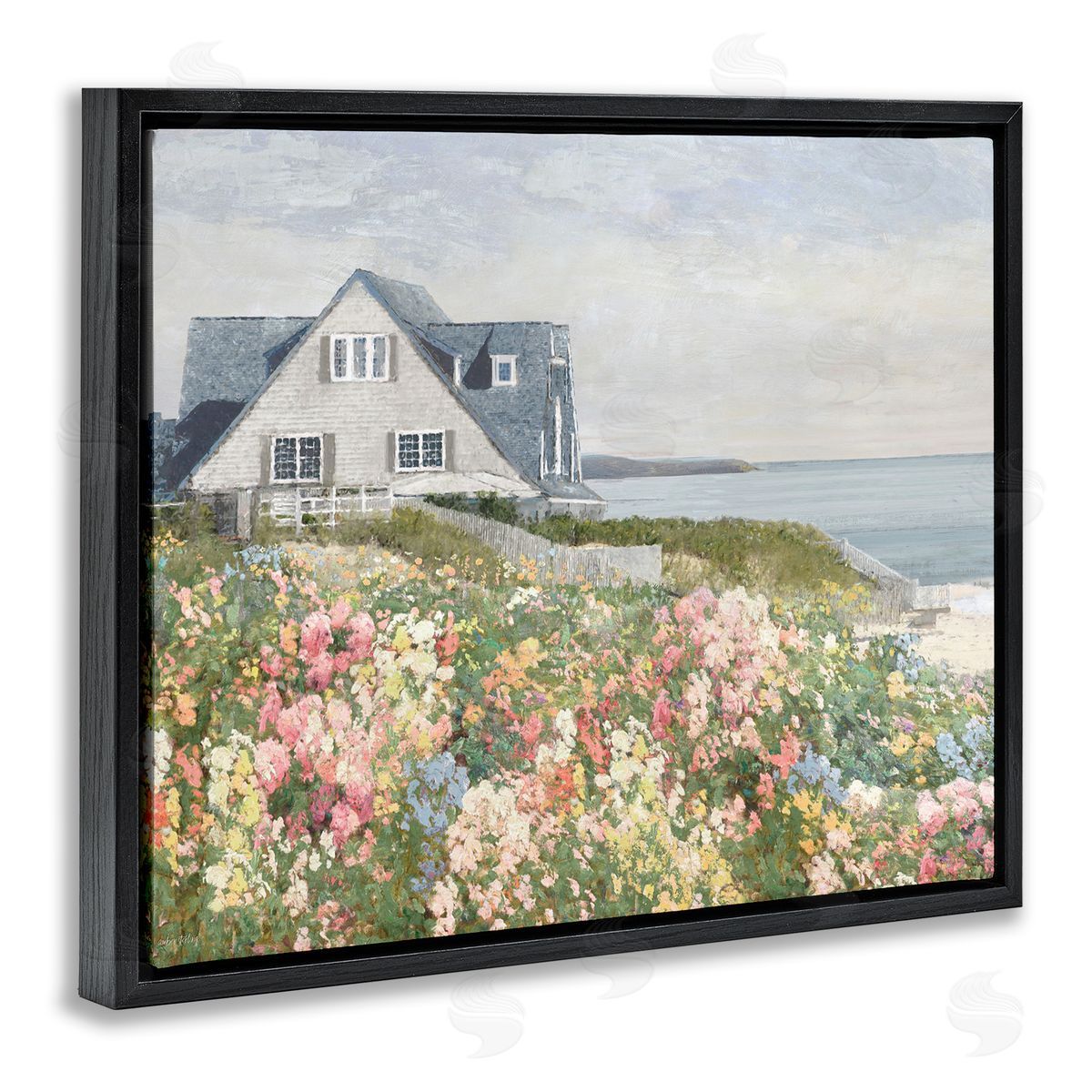 Coastal Cottage Meadow Black Floating Frame Canvas Wall Art, Home Decor by Amber Sterling