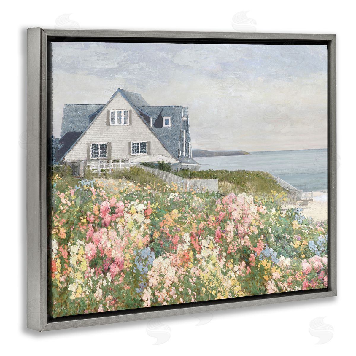 Coastal Cottage Meadow Grey Floating Frame Canvas Wall Art, Home Decor by Amber Sterling