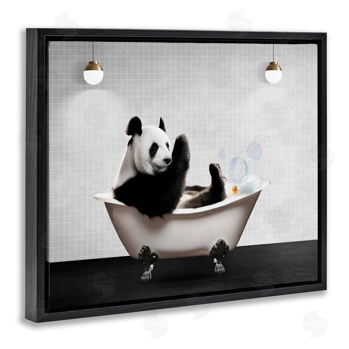 Panda in Modern Bubble Bath Black Floating Frame Canvas Wall Art, Home Decor by Seven Trees Design