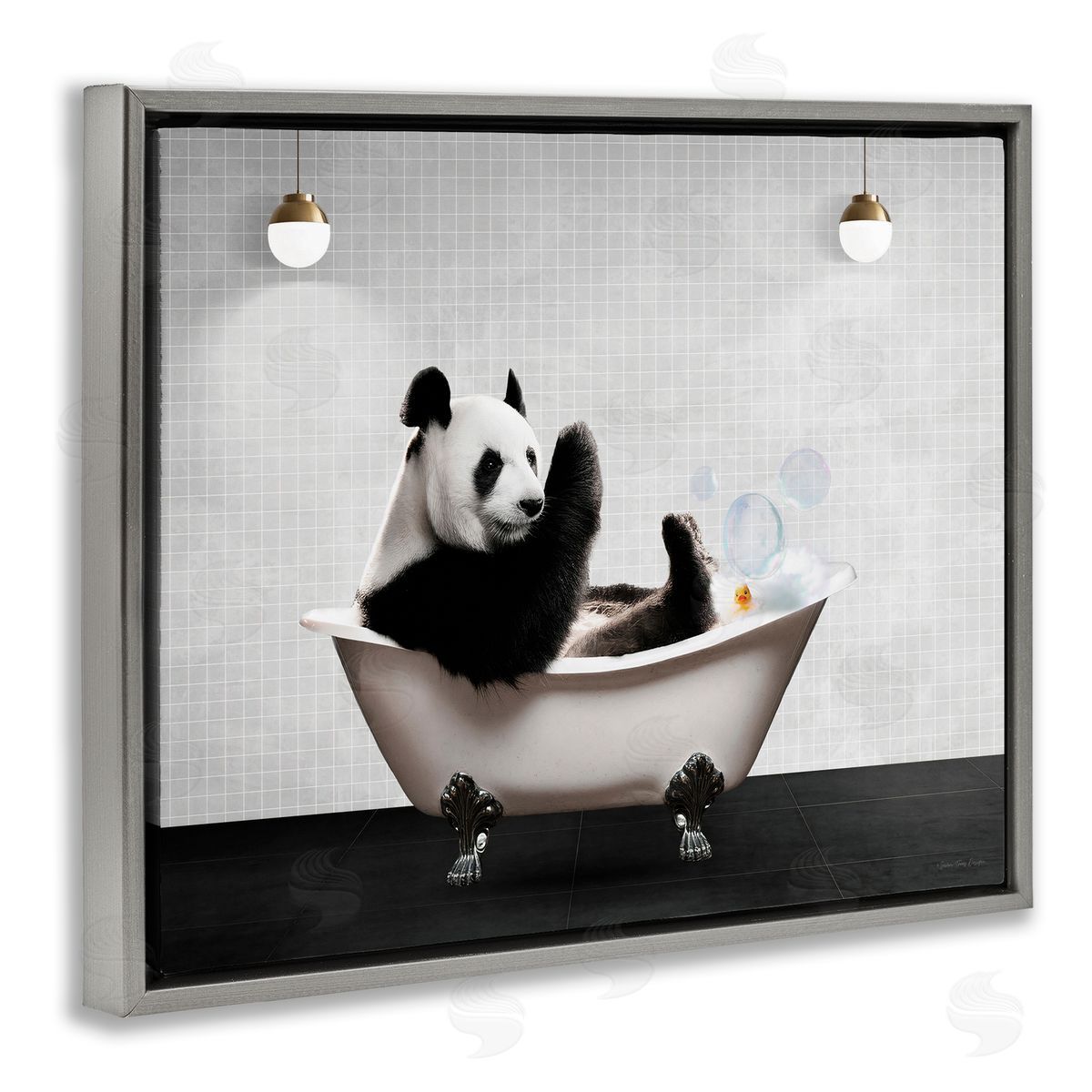 Panda in Modern Bubble Bath Grey Floating Frame Canvas Wall Art, Home Decor by Seven Trees Design