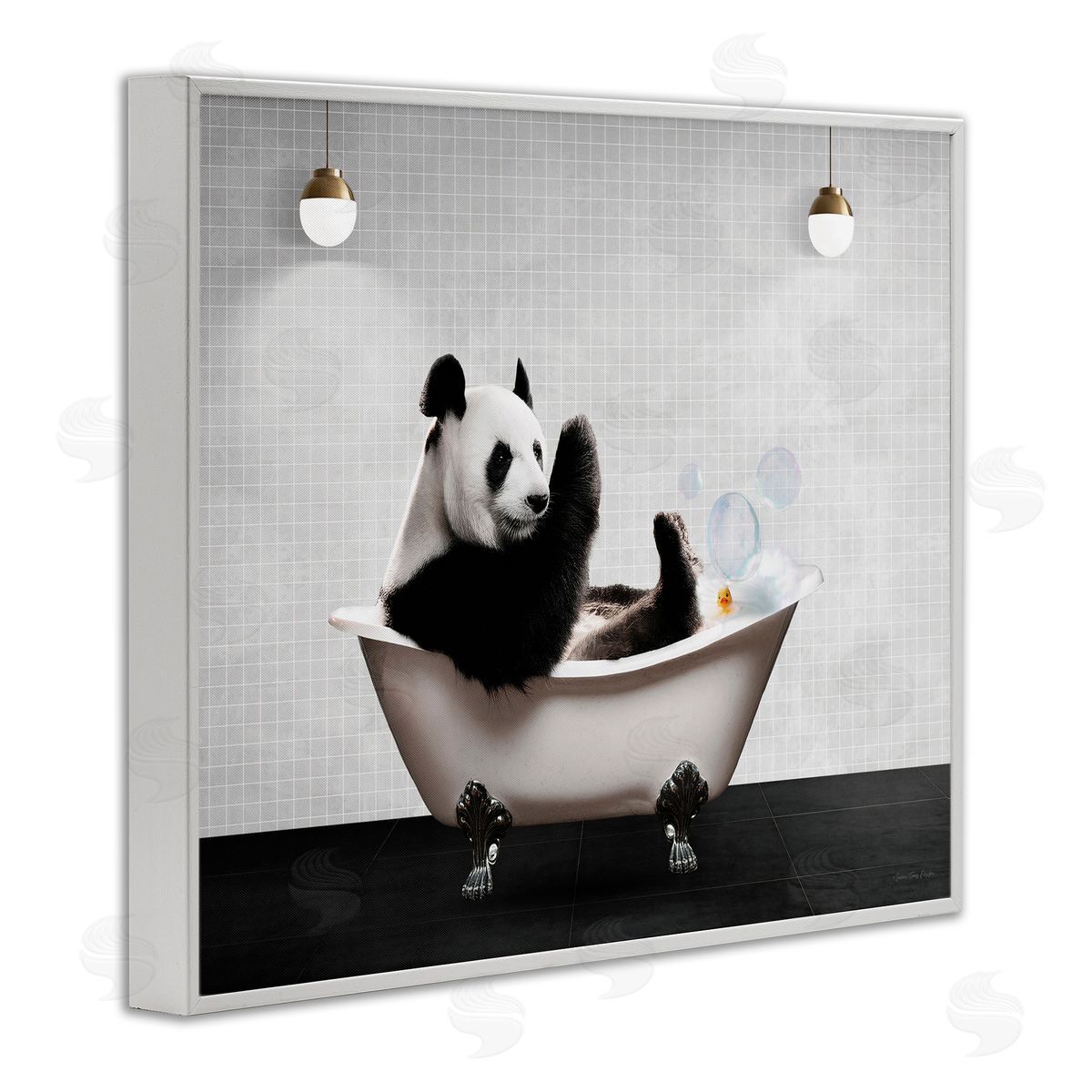 Panda in Modern Bubble Bath White Frame Print Wall Art, Home Decor by Seven Trees Design
