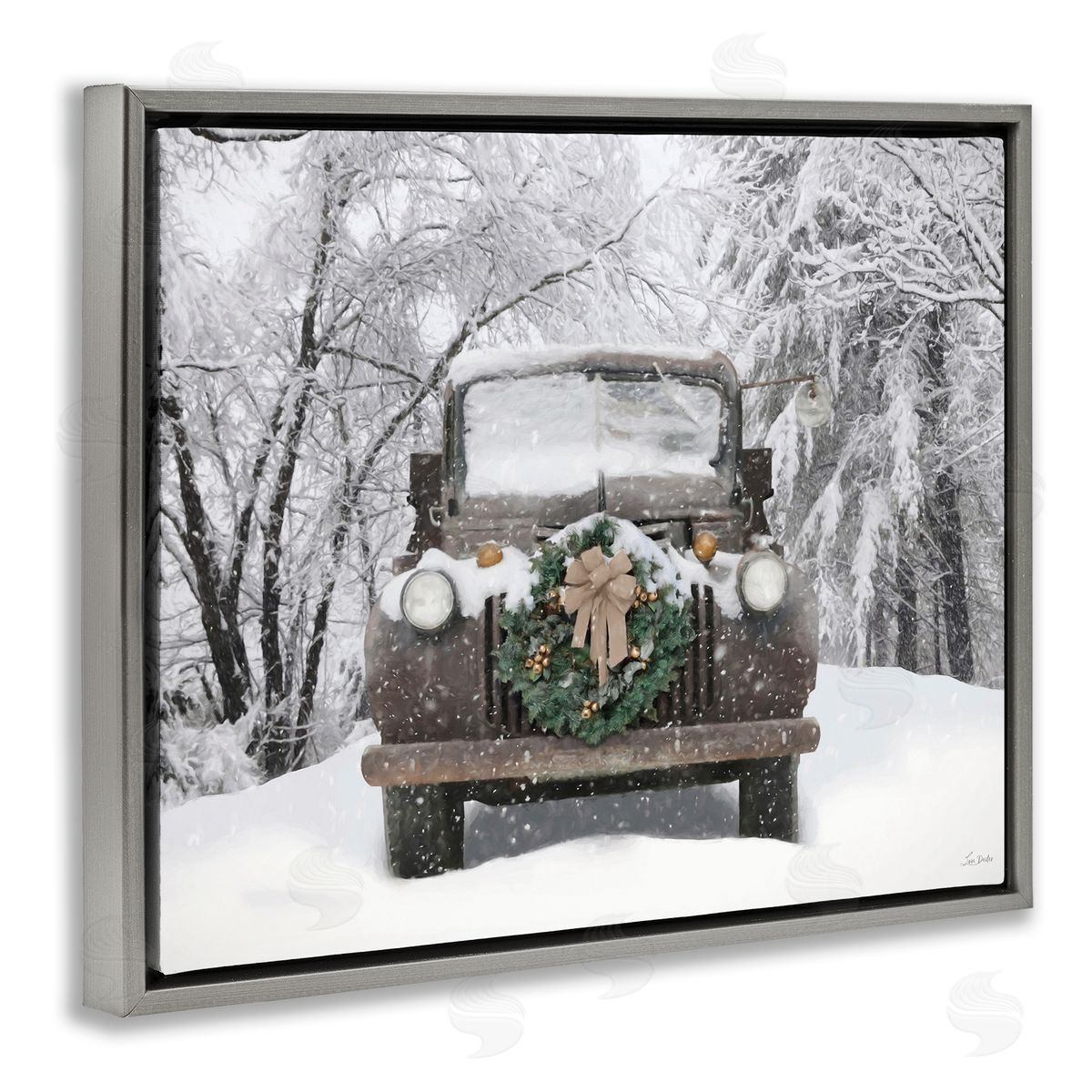 Wreathed Truck in Snow Grey Floating Frame Canvas Wall Art, Home Decor by Lori Deiter